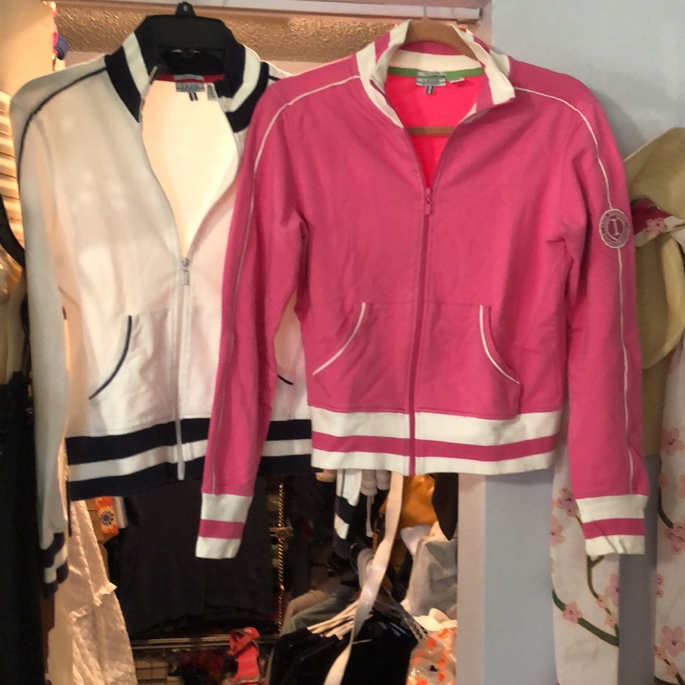 IZod 95% cotton size medium pink White stripes jacket